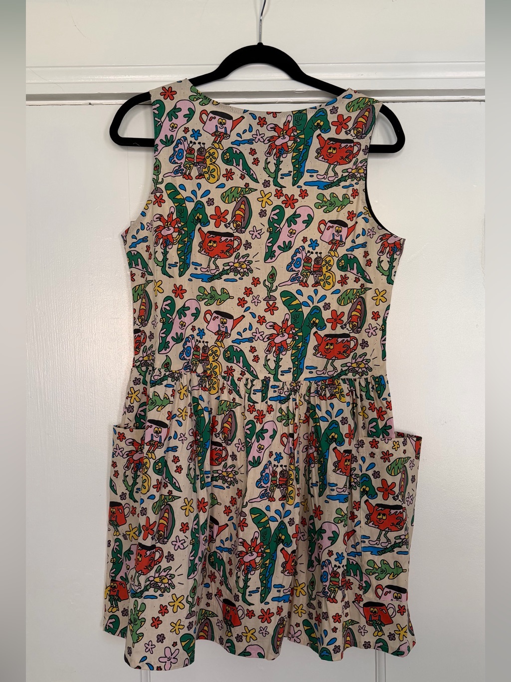 Playful Whimsical Artist-Illustrated Print Sleeveless Dress W Statement Pockets — image 2 of 4